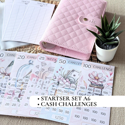 A6 Cash Challenge Starter Set – Blush Binder + 3 Floral Cards + Dustbag – Limited Budget Kit by EPS - EmelysPlannerShop