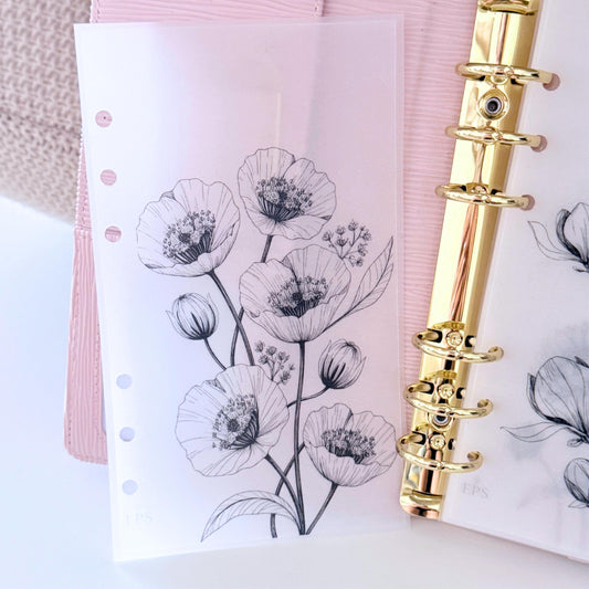 A6 Vellum Dashboard Set – 4 Floral Line Art Dividers for 6-Ring Planners | 220 gsm Natural or Laminated Minimalist Planner Inserts - EmelysPlannerShop