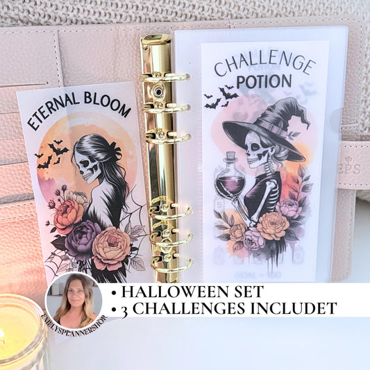 Halloween Savings Challenge Set – Eternal Bloom Dashboard + Potion, Coffin & Wishes Tracker | Gothic A6 Cash Budget Planner - EmelysPlannerShop