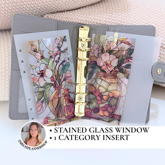 Stained Glass Insert A6 • Glossy Divider Page • Cash Stuffing System • Vellum Style Cover • Church Window Look • Elegant Stationery - EmelysPlannerShop