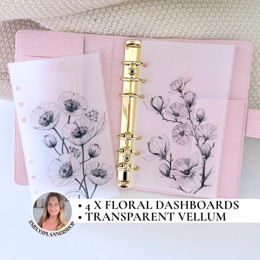 A6 Vellum Dashboard Set – 4 Floral Line Art Dividers for 6-Ring Planners | 220 gsm Natural or Laminated Minimalist Planner Inserts - EmelysPlannerShop